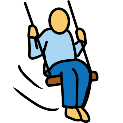 a yellow figure, wearing a light blue long-sleeved tshirt, and blue trousers, swinging on a simple swing. the swing has motion lines.